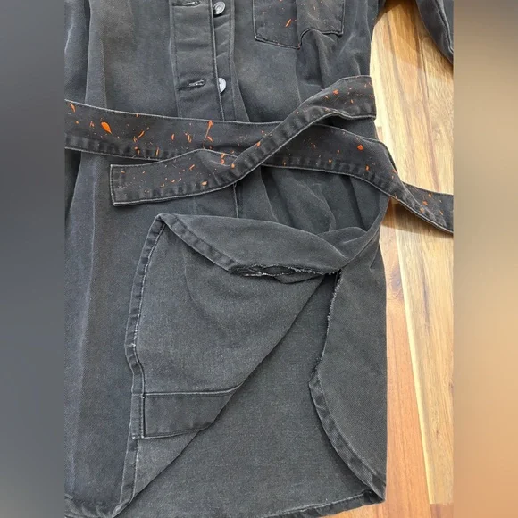 Sz XS Black Denim Long Sleeve Collar Short Dress Orange Paint Belt with Pocket - Picture 5 of 10